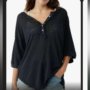 We The Free Black Lightweight Henley Short Sleeve Top
